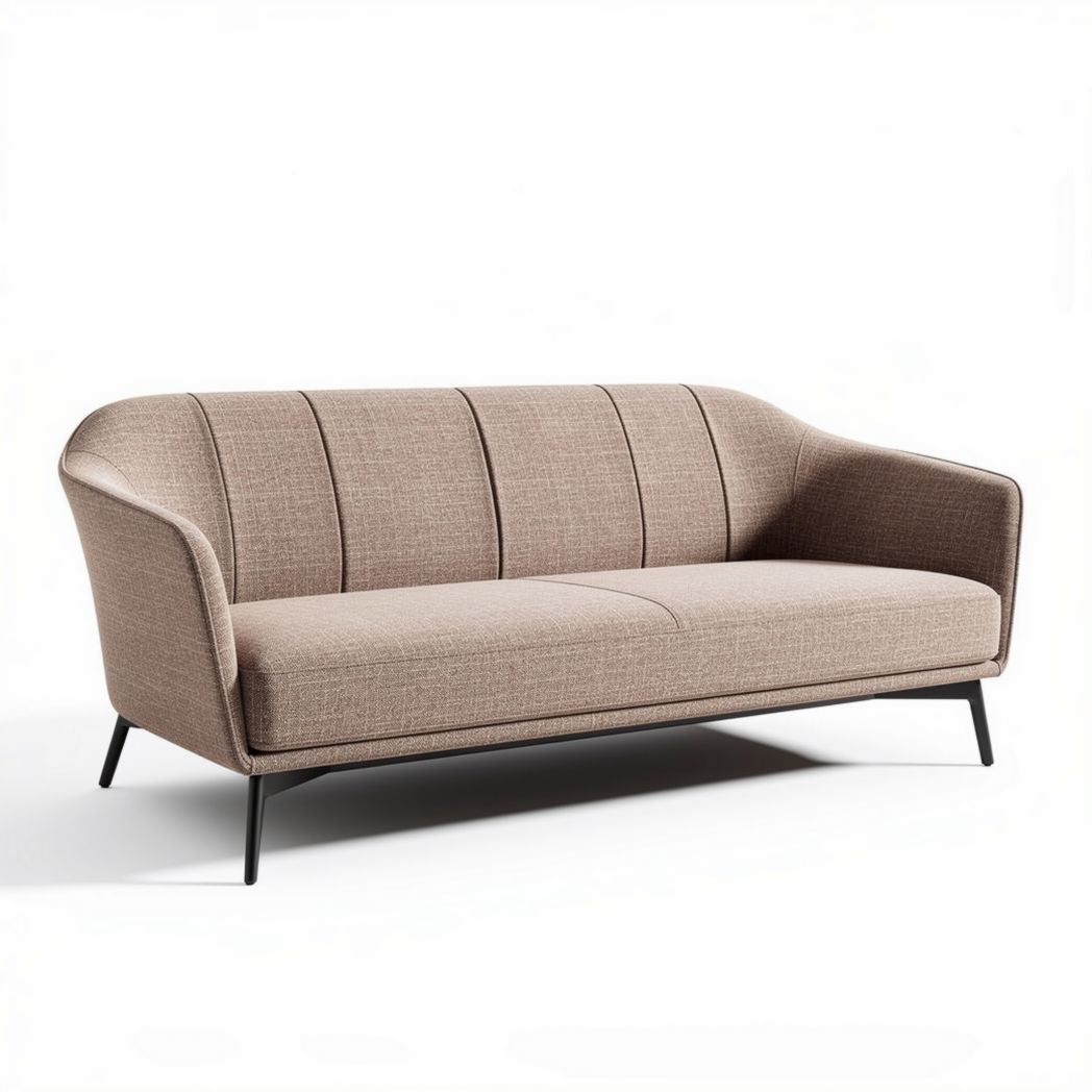 Lichte beige bank van stof met metalen poten 200 x 90 x 80cm