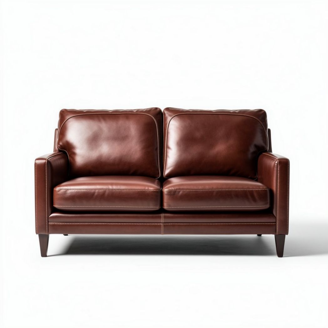 bruin leren bank voor twee personen met afmetingen van 180 x 80 x 90cm