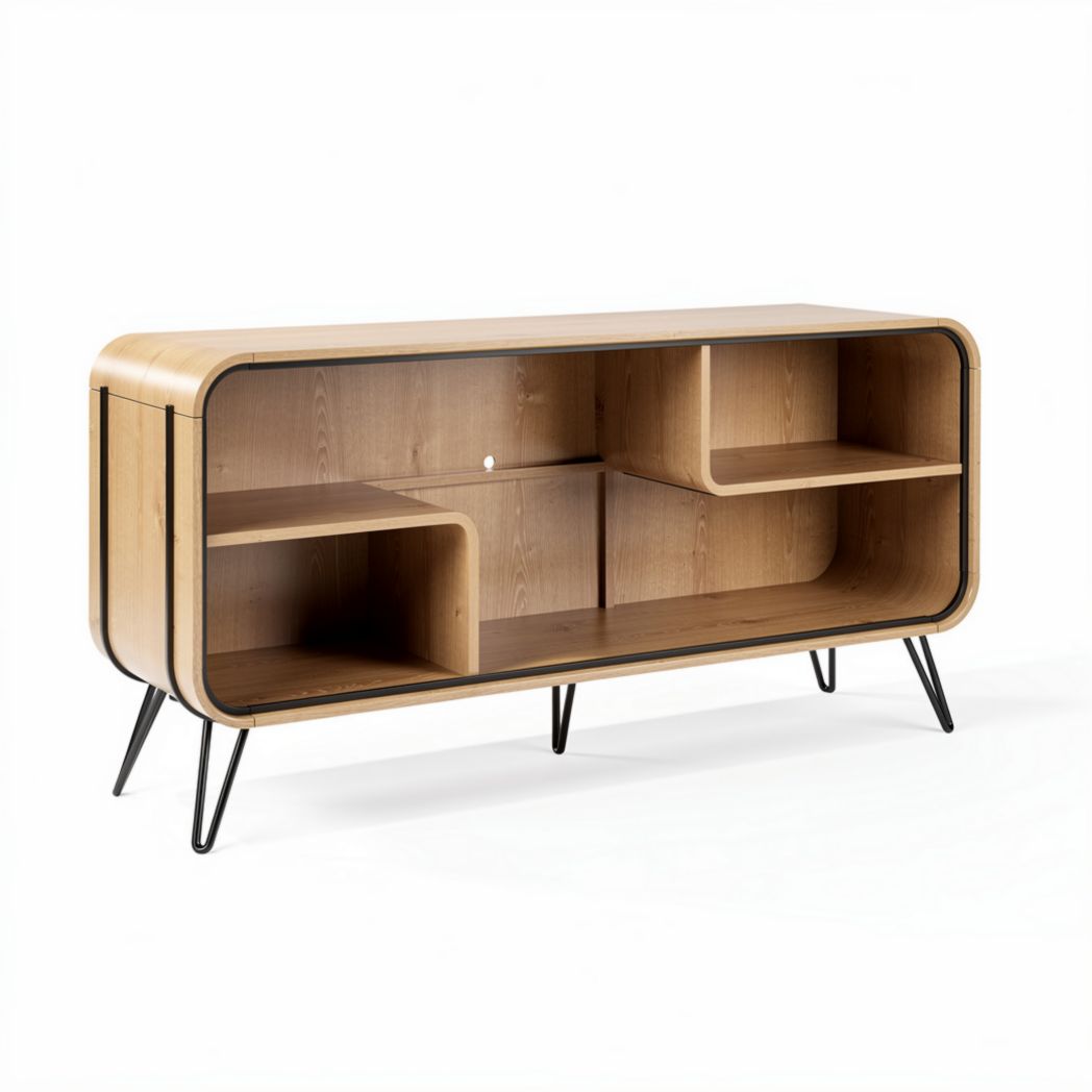 Eiken tv-meubel met open vakken en vouwbare deuren 120 x 40 x 70cm