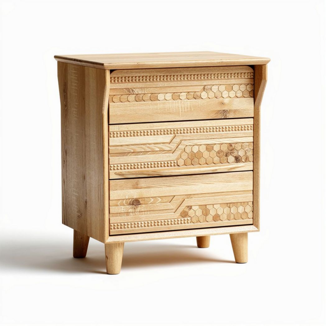 Houten nachtkastje met drie lades en decoratief patroon 60 x 45 x 80cm