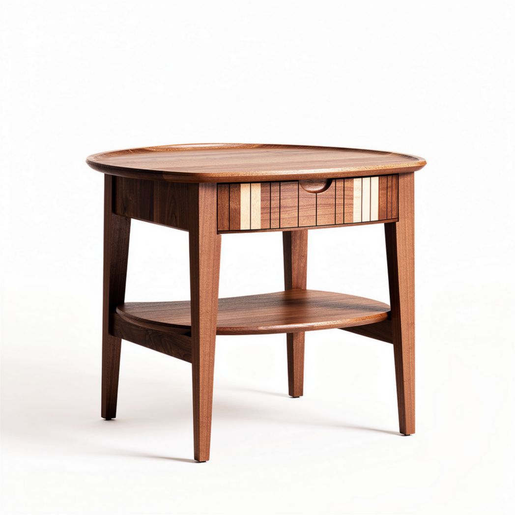 Ronde houten bijzettafel met lade en open opbergvlak in walnootkleur 50 x 50 x 50cm