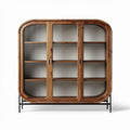 Houten vitrinekast met glazen deuren en metalen onderstel 90 x 40 x 100cm