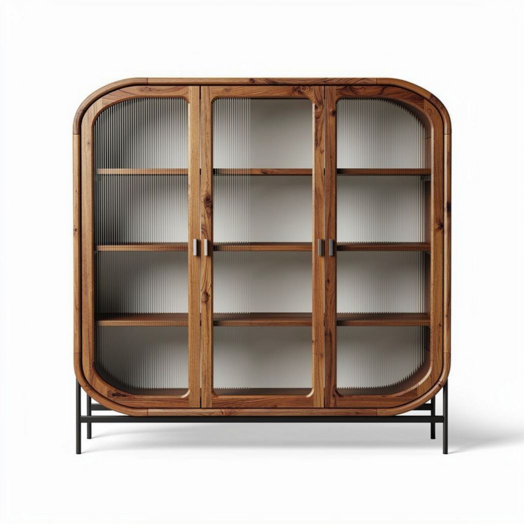 Houten vitrinekast met glazen deuren en metalen onderstel 90 x 40 x 100cm