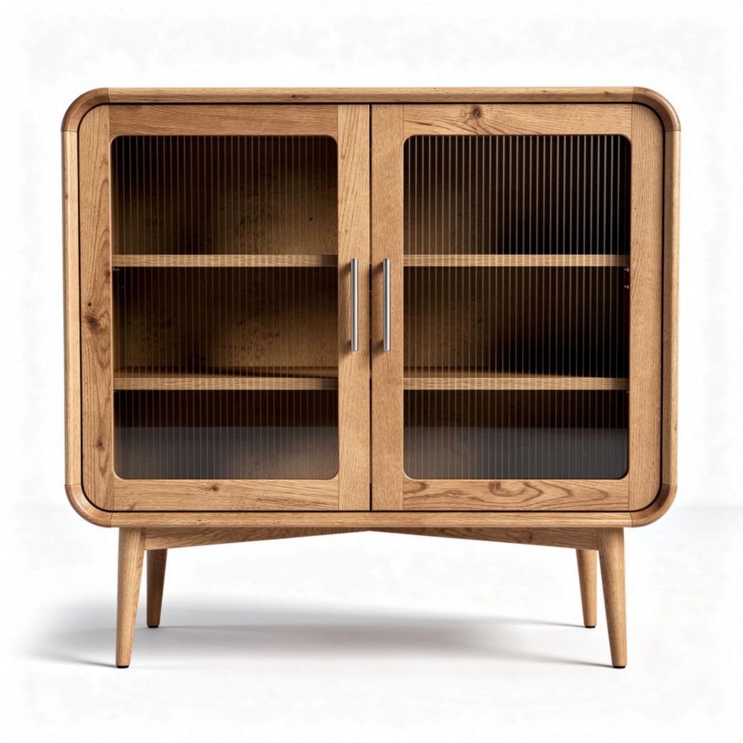 Houten kast met glazen schuifdeuren 80 x 40 x 75cm in natuurlijke tinten
